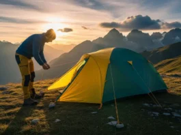 A full-body shot of a hiker in outdoor gear adjusting their backpacking tent pitched on a scenic mountain trail at sunset.