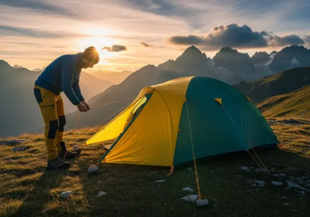 A full-body shot of a hiker in outdoor gear adjusting their backpacking tent pitched on a scenic mountain trail at sunset.