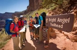 The Bright Angel Trailhead: A Guide to Parking & Shuttles Hikers preparing at the Bright Angel Trailhead, Grand Canyon, with informational signs and the trail visible, illustrating a guide to parking and shuttles.