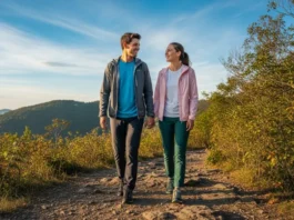 A man and woman in a full-body shot, wearing stylish hiking gear, walk along a scenic mountain trail.