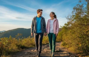 Cool Hiking Shoes 2025: Field-Tested & Stylish Picks A man and woman in a full-body shot, wearing stylish hiking gear, walk along a scenic mountain trail.