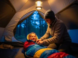 A parent in a fleece jacket zips their smiling child into a warm sleeping bag inside a tent illuminated by a lantern at dusk.