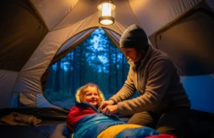 Beyond Temp Ratings: Kids Sleeping Bag Test Data A parent in a fleece jacket zips their smiling child into a warm sleeping bag inside a tent illuminated by a lantern at dusk.