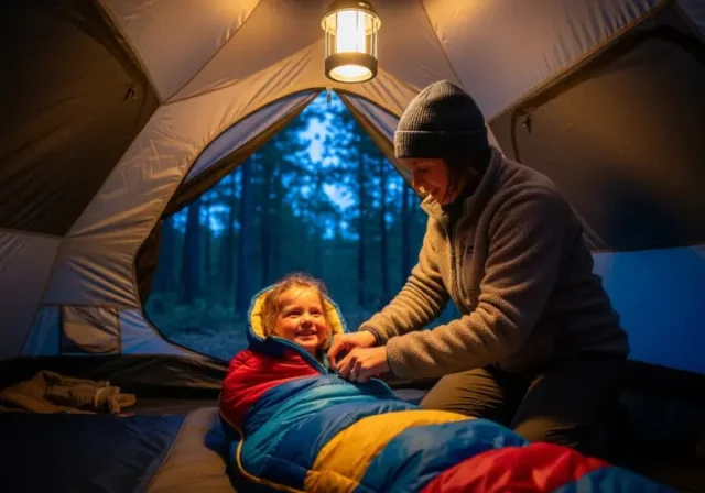 A parent in a fleece jacket zips their smiling child into a warm sleeping bag inside a tent illuminated by a lantern at dusk.