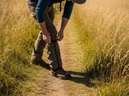 A full-body photograph of a hiker standing on a dirt trail in tall grass, bending slightly to adjust their protective snake gaiters.