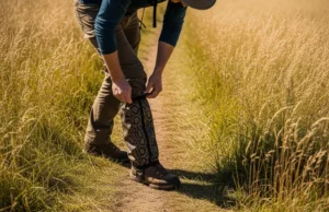 A Data-Backed Guide to Snake Gaiters for Hiker Safety A full-body photograph of a hiker standing on a dirt trail in tall grass, bending slightly to adjust their protective snake gaiters.