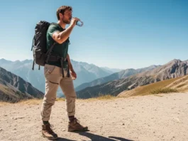 A full-body shot of a hiker in outdoor gear standing on a sunny mountain trail and drinking from a water bottle.