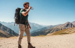 Ultimate Travel Water Bottle Guide for Day Hikes & Thru-Treks A full-body shot of a hiker in outdoor gear standing on a sunny mountain trail and drinking from a water bottle.