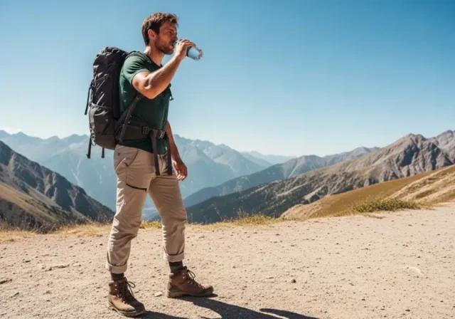 A full-body shot of a hiker in outdoor gear standing on a sunny mountain trail and drinking from a water bottle.
