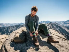 A full-body shot of a hiker in technical gear sitting on a sunny mountain trail, adjusting their hiking boot.