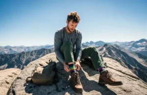 Hiking Socks 2025: Field-Tested Picks & Fit Guide A full-body shot of a hiker in technical gear sitting on a sunny mountain trail, adjusting their hiking boot.