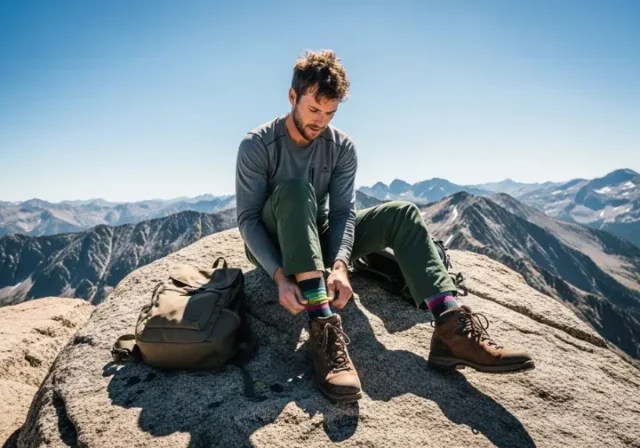 A full-body shot of a hiker in technical gear sitting on a sunny mountain trail, adjusting their hiking boot.