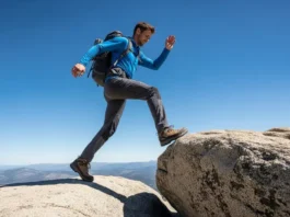 A full-body shot of a man hiking on a rocky mountain trail, wearing dark hiking pants, a blue shirt, and a backpack.