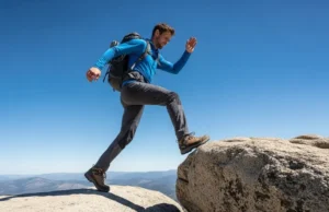 Mens Hiking Pants 2025: Field-Tested Top Picks A full-body shot of a man hiking on a rocky mountain trail, wearing dark hiking pants, a blue shirt, and a backpack.