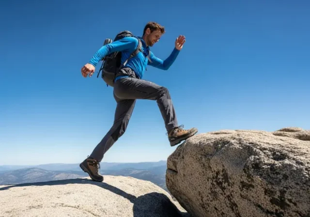 A full-body shot of a man hiking on a rocky mountain trail, wearing dark hiking pants, a blue shirt, and a backpack.