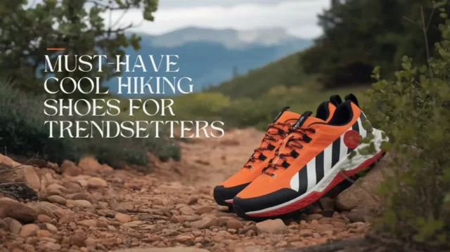 Stylish hiking shoes on a rocky trail with vibrant designs, perfect for trendsetters in 2025.