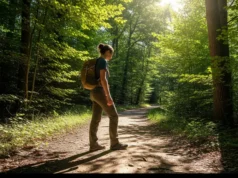 First Hike Framework: Essential Tips for New Hikers A full-body view of a person wearing hiking clothes and a daypack, standing at a trailhead and looking into a sun-dappled forest path.