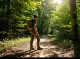 A full-body view of a person wearing hiking clothes and a daypack, standing at a trailhead and looking into a sun-dappled forest path.