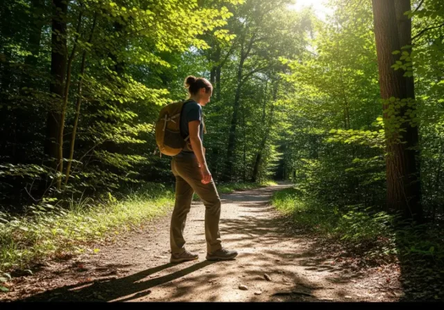 A full-body view of a person wearing hiking clothes and a daypack, standing at a trailhead and looking into a sun-dappled forest path.