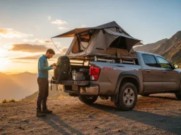A hiker in full outdoor gear stands next to their pickup truck, which has a bed tent set up at a mountain trailhead at sunset.