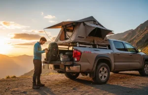 Pickup Bed Tents for Hikers: 2025 Field-Tested Guide A hiker in full outdoor gear stands next to their pickup truck, which has a bed tent set up at a mountain trailhead at sunset.