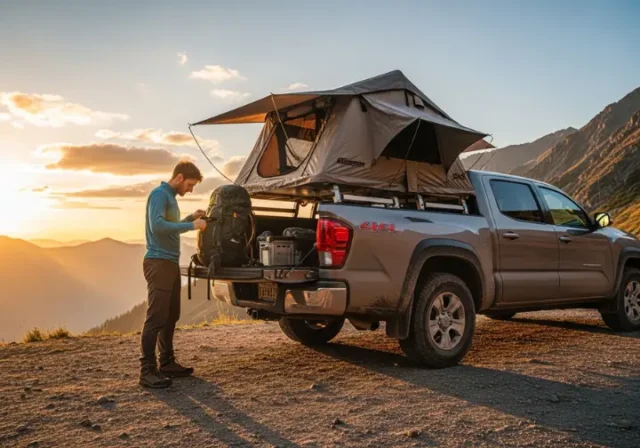 A hiker in full outdoor gear stands next to their pickup truck, which has a bed tent set up at a mountain trailhead at sunset.