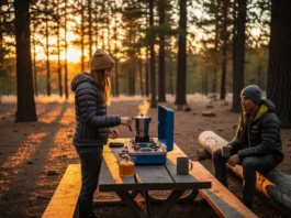 A full-body shot of two people in camping gear at a forest campsite, with one cooking on a propane stove during the golden hour.