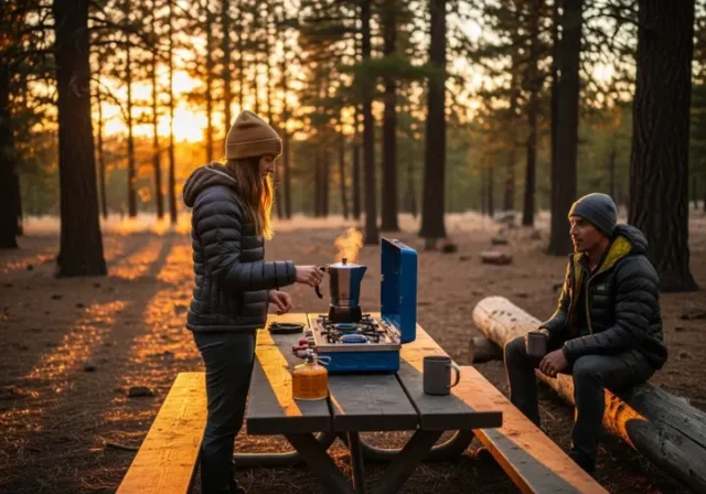 A full-body shot of two people in camping gear at a forest campsite, with one cooking on a propane stove during the golden hour.