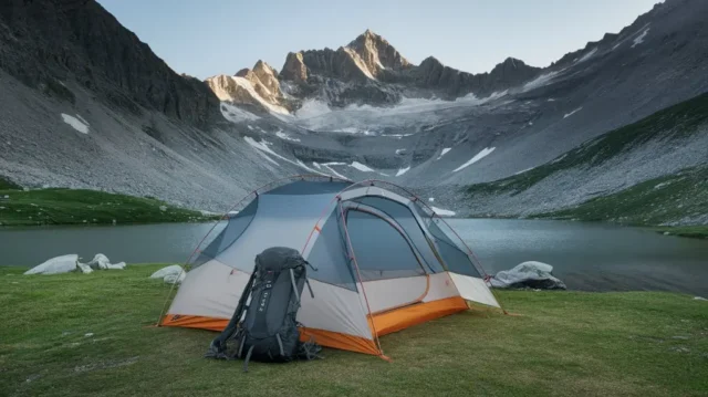 Lightweight backpacking tent pitched near an alpine lake with snow-capped mountains, perfect for adventure seekers.