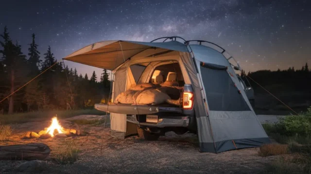 A spacious pickup bed tent set up in a forested campsite under a starry night sky, showcasing top camping options for ultimate comfort.