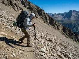 A full-body shot of a hiker with a large backpack using trekking poles for stability while descending a steep and rocky mountain trail.