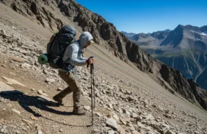 Trekking Poles: Ultralight vs. Durability | Hiker’s Guide A full-body shot of a hiker with a large backpack using trekking poles for stability while descending a steep and rocky mountain trail.
