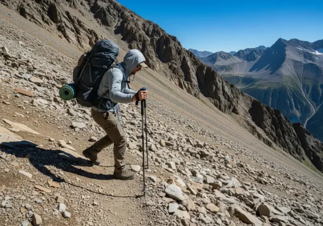 A full-body shot of a hiker with a large backpack using trekking poles for stability while descending a steep and rocky mountain trail.