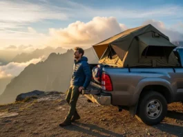 A hiker in a full-body shot stands next to their pickup truck, which has a truck tent set up in the bed, looking out over a mountain vista at sunrise.