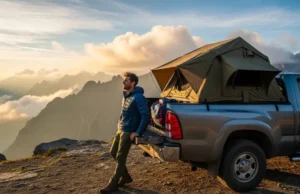 Best Truck Tents for Trailhead Camping (Data-Backed) A hiker in a full-body shot stands next to their pickup truck, which has a truck tent set up in the bed, looking out over a mountain vista at sunrise.