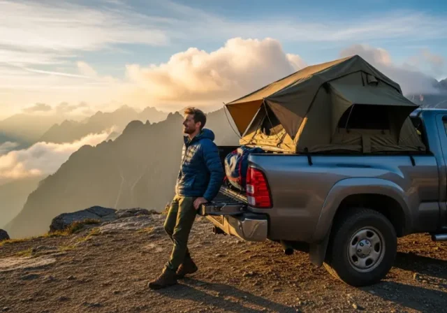 A hiker in a full-body shot stands next to their pickup truck, which has a truck tent set up in the bed, looking out over a mountain vista at sunrise.