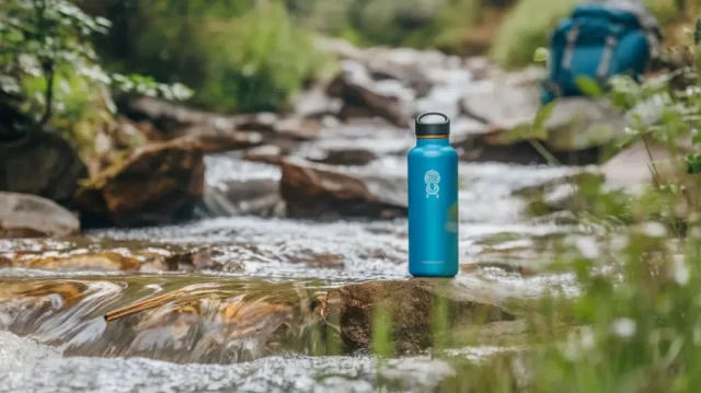 A modern travel water bottle by a mountain stream, symbolizing durability and functionality for travelers.