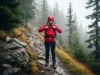 Best Rain Jackets for Women Hikers: Field Data & Fit Guide A full-body shot of a woman hiker in a red rain jacket standing on a wet, rocky trail in a foggy, mountainous environment.