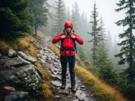 A full-body shot of a woman hiker in a red rain jacket standing on a wet, rocky trail in a foggy, mountainous environment.