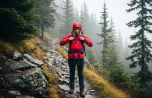 Best Rain Jackets for Women Hikers: Field Data & Fit Guide A full-body shot of a woman hiker in a red rain jacket standing on a wet, rocky trail in a foggy, mountainous environment.