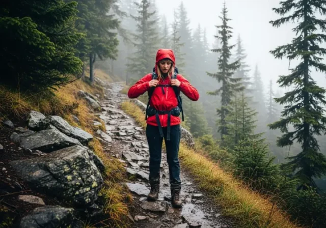 A full-body shot of a woman hiker in a red rain jacket standing on a wet, rocky trail in a foggy, mountainous environment.