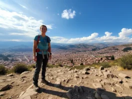 A full-body shot of a woman in hiking gear standing on a mountain trail that overlooks a city in the distance, showcasing versatile footwear.