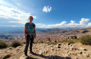 Women’s Walking Footwear: Packability & Terrain Tested A full-body shot of a woman in hiking gear standing on a mountain trail that overlooks a city in the distance, showcasing versatile footwear.