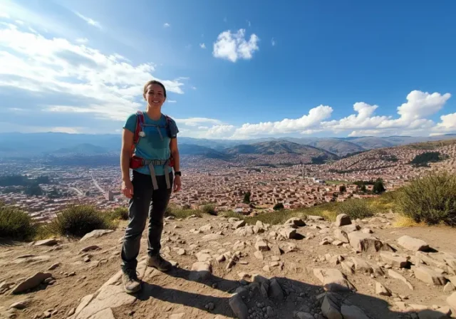 A full-body shot of a woman in hiking gear standing on a mountain trail that overlooks a city in the distance, showcasing versatile footwear.