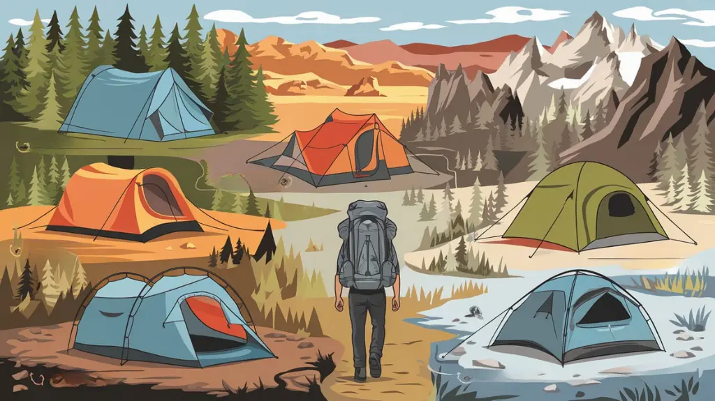 A variety of backpacking tents displayed across diverse terrains, showcasing their applications for different adventures.  