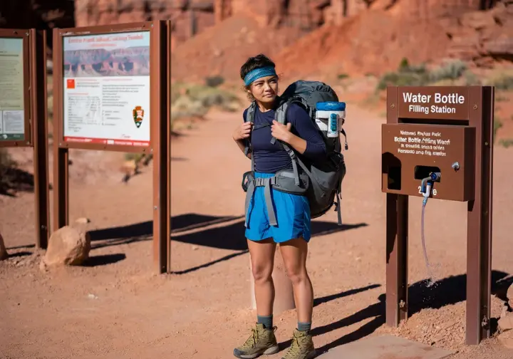 A hiker at the Bright Angel Trailhead, with water station and signage visible, representing foundational trailhead logistics for a Grand Canyon hike.