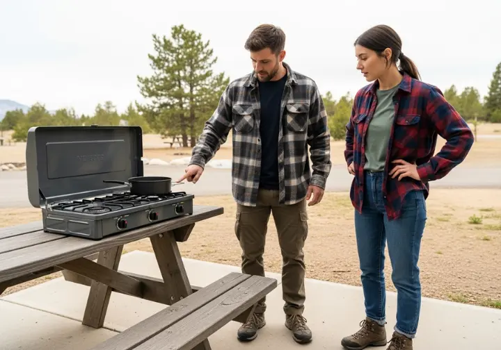 A full-body shot of two campers at a picnic table, examining the features of a propane camp stove.
