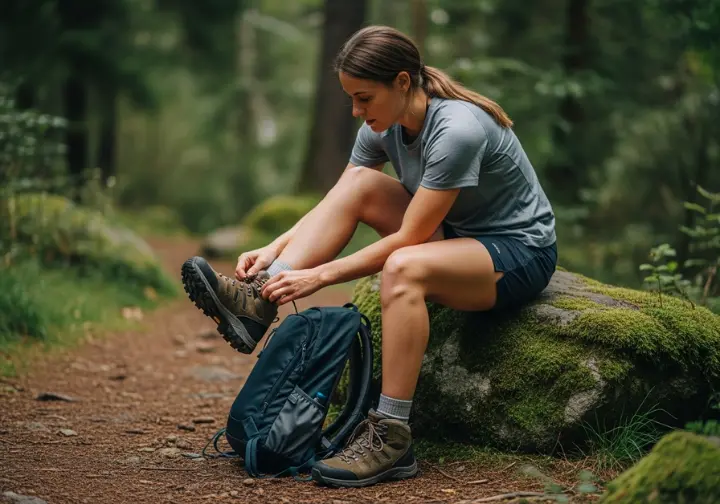 A female hiker in full hiking gear sits on a rock and adjusts the laces on her hiking boot.