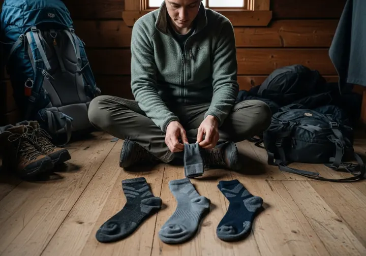 Full-body shot of a hiker sitting on a cabin floor, comparing different pairs of technical hiking socks laid out with their backpacking gear.