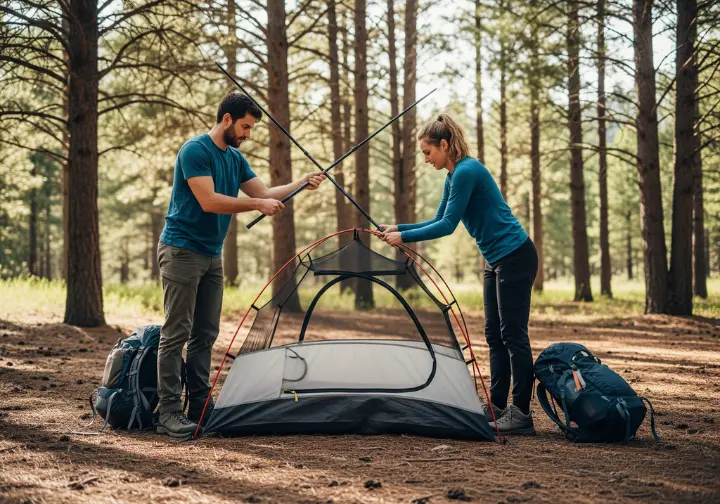 Two hikers in full hiking gear collaborate to set up their trekking tent at a campsite in a forest.